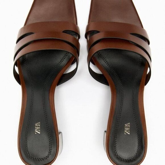 ZARA BLOCK HEEL LEATHER MULES BROWN SIZE 7.5 | 1310/110 - Picture 4 of 4